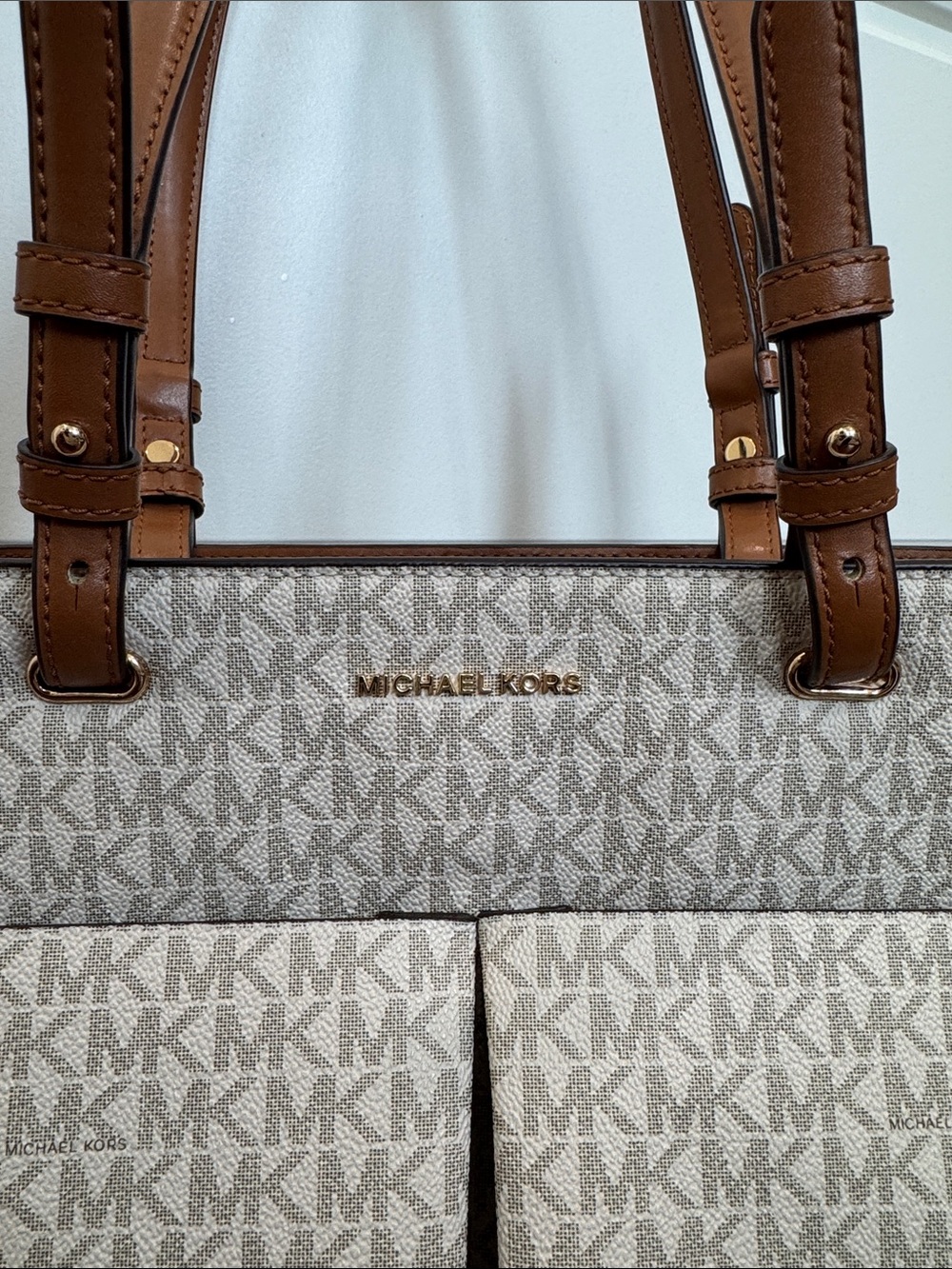 Michael Kors Leather Shoulder Bag Purse Monogram Cream & Cognac Classic Style - Picture 6 of 16